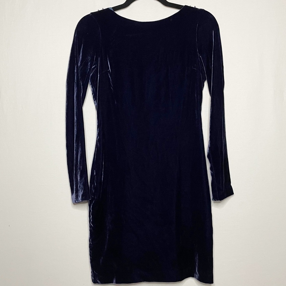 Allo Martinez Silk Blend Velvet Beaded Scoop Back Navy Long Sleeve Evening Dress